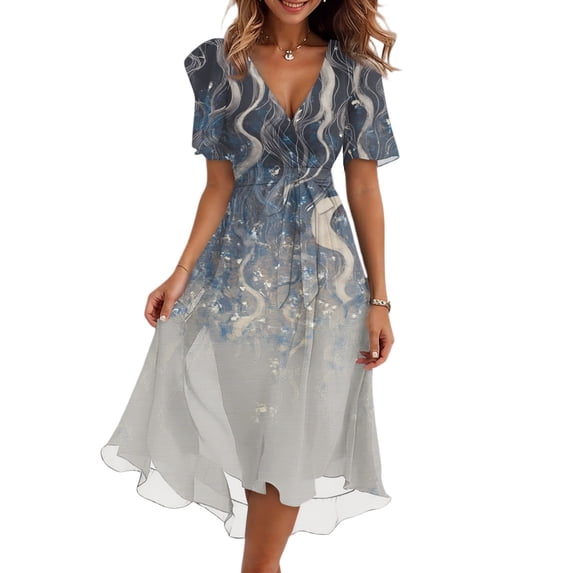 longantii Summer Chiffon Midi Dresses for Women Formal Floral Print Sundresses Short Sleeve Ruffle Flowy Wedding Guest Dresses V Neck Boho Vacation Beach Midi Dresses Light Blue S