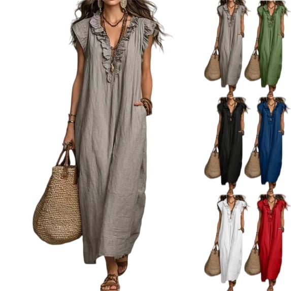 longantii Summer Dresses for Women 2026 Sleeveless V Neck Ruffle Cap Sleeve Long Dress with Pockets Beach Vacation Outfits Light Gray XL