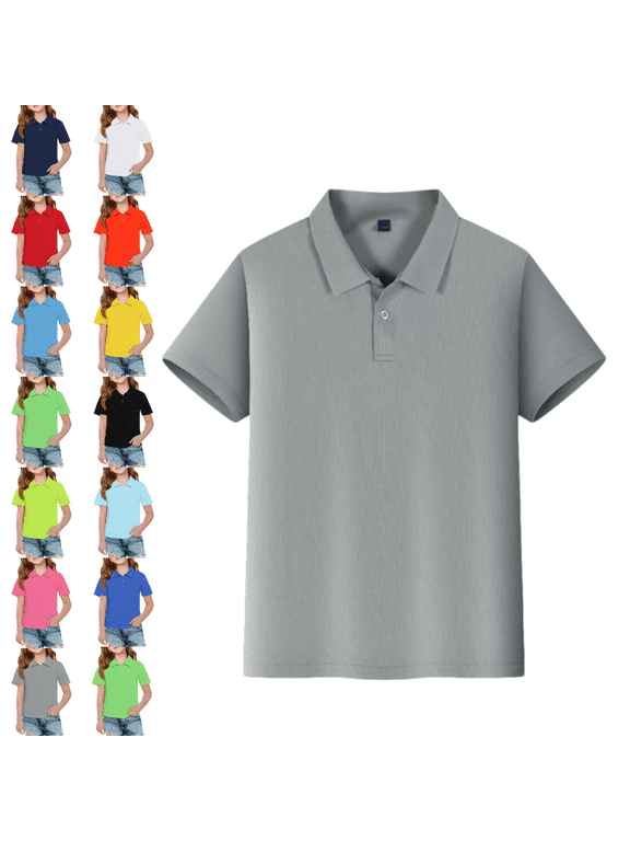 Summer Polo Shirts Basic Collared Short Sleeve Uniform Lightweight Back To School Tees Solid Color Outfit for Boys & Girls Gray 7-8 Year