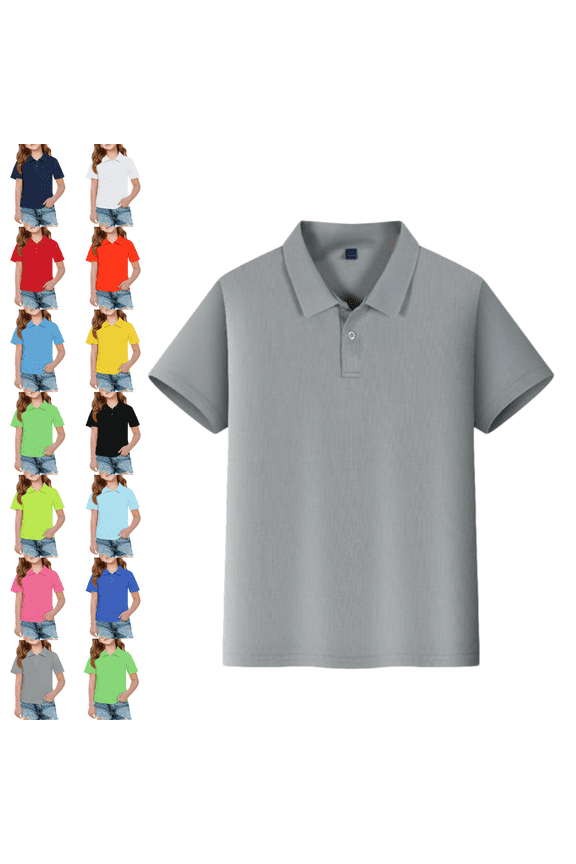 Summer Polo Shirts Basic Lapel Collared Short Sleeve Uniform Loose Fit Back To School Tops Solid Color Pullover for Youth Gray 9-10 Year