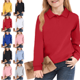 thumbnail image 1 of longantii Summer Spring Polo Shirts Casual Lapel Collared Long Sleeve Uniform Classic Fit Back To School Tees Solid Color Outfit for Boys & Girls Red 4-5 Year, 1 of 4