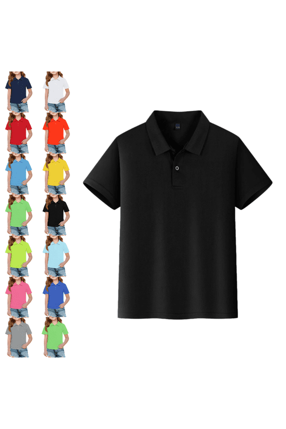 Summer Polo Shirts Comfy Lapel Collared Short Sleeve Uniform Modern Fit Back To School Tees Solid Color Outfit for Boys & Girls Black 9-10 Year