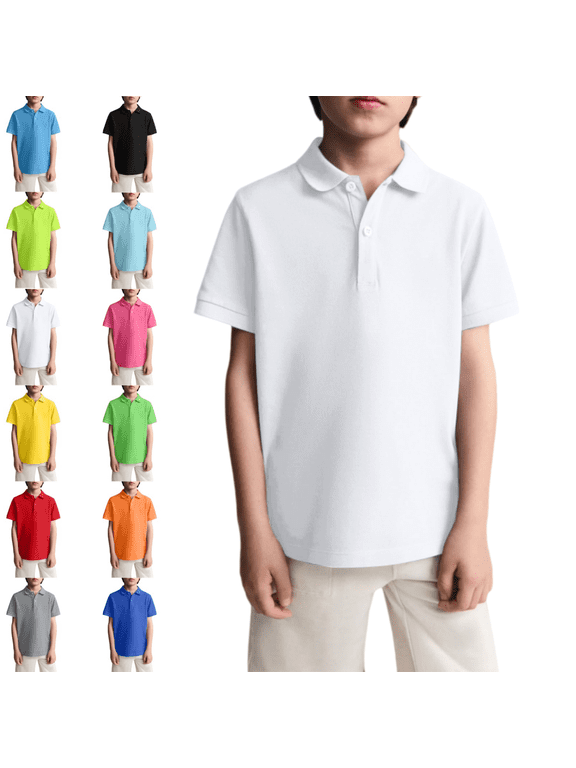 Summer Polo Shirts Sport Collared Short Sleeve Uniform Relaxed Fit Back To School Shirts Solid Color Outfit for Boys & Girls White 7-8 Year