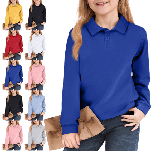 longantii Summer Polo Shirts Trendy Lapel Collared Long Sleeve Uniform Loose Fit Back To School T-Shirts Solid Color Pullover for Boys & Girls Blue 10-11 Year