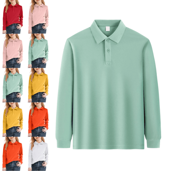 longantii Summer Polo Shirts Trendy Collared Long Sleeve Uniform Relaxed Fit Back To School T-Shirts Solid Color Outfit for Boys & Girls Green 9-10 Year