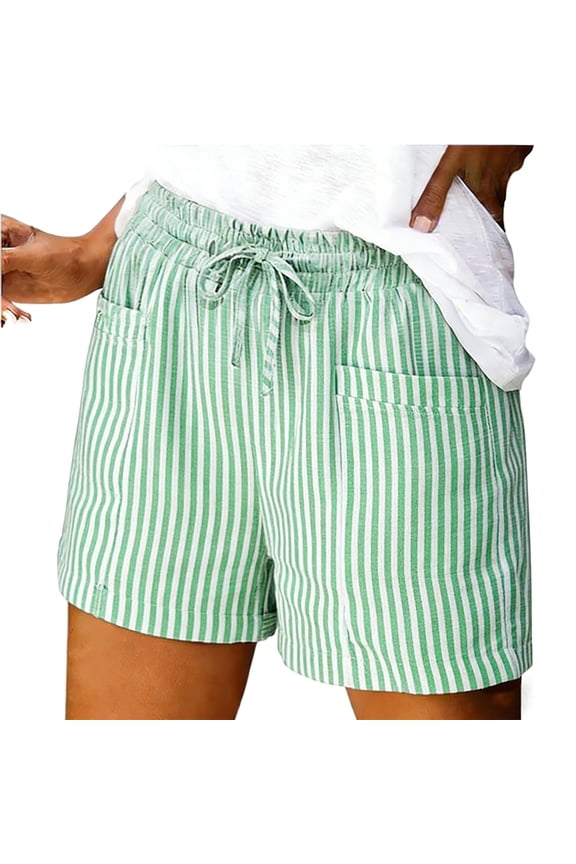 Summer Shorts for Women 2026 Casual Striped Bermuda Shorts Trendy Vacation Beach Cotton Linen Elastic Waist Drawstring Shorts with Pockets Dark Blue XL