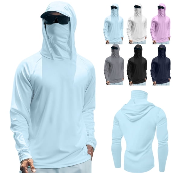 longantii Sun Protection Fishing Shirts for Men UPF 50+ Long Sleeve Hoodie with Face Mask UV Rash Guard Quick Dry Hiking Shirt Cyan L