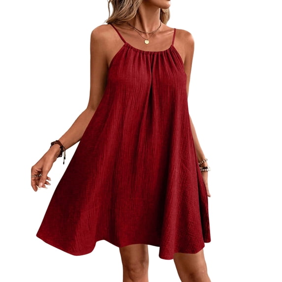 longantii Sundress for Women Cozy Spaghetti Strap Mini Dress Loose Fit A-Line Backless Cami Dress Pleated Nightgowns with Pockets Red M
