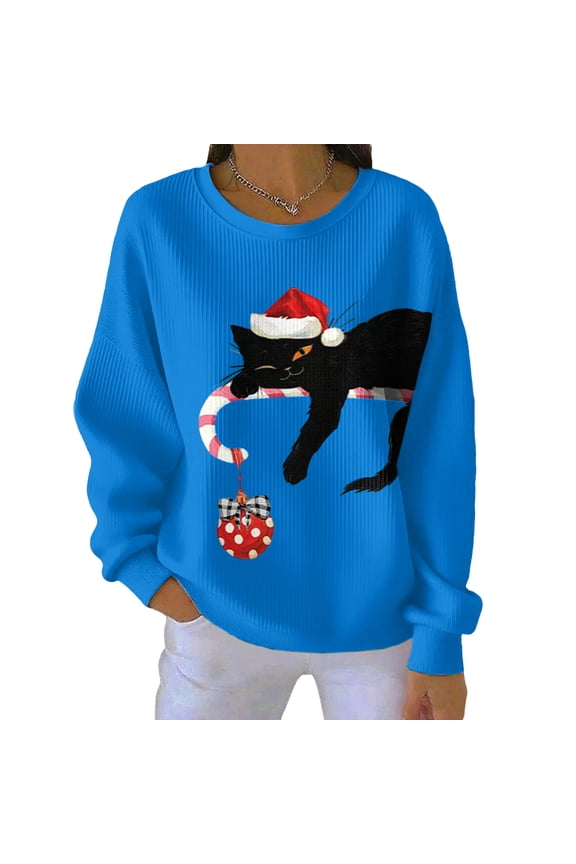 Sweaters for Women Retro Christmas Black Cat Print Sweatshirt Cute Round Neck Christmas Cat Print Pullover 2025 Fall Winter Holiday Sweater Blue M