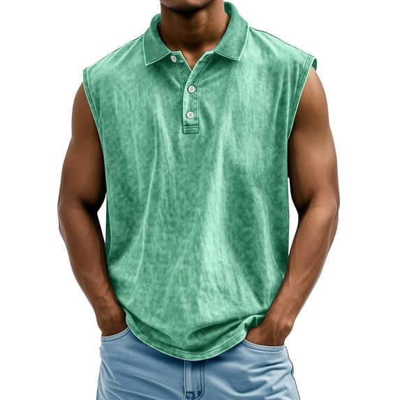 longantii Tank Tops for Men Oversized Distressed Washed Sleeveless Button Tees Comfy Polo Collared Pollover 2026 Loose Fit Gym Tees Green L