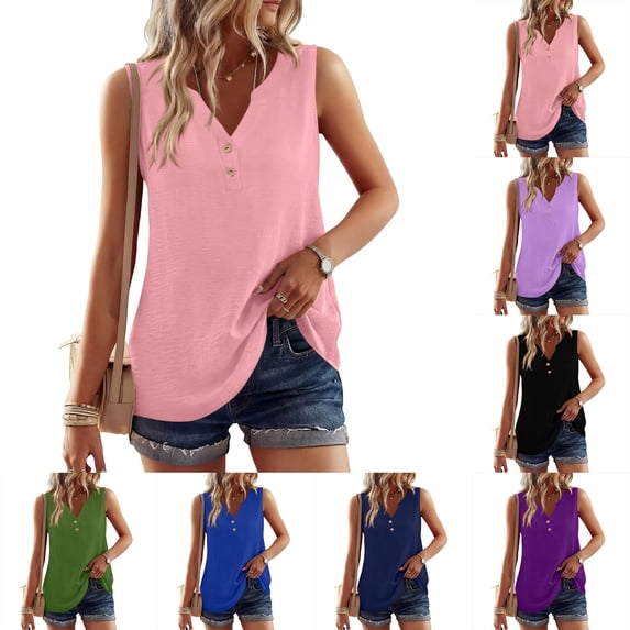longantii Tank Tops for Women Summer Sleeveless Loose Fit V Neck Button Down T Shirts Basic Tee Casual Loose Trendy Clothes 2026 Pink S
