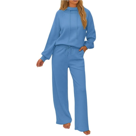 longantii Track Suits for Women Set 2 Piece Lounge Set Lapel Hoodie Sweatshirt Wide Leg Sweatpants Tracksuit Fall Travel Outfits Blue M