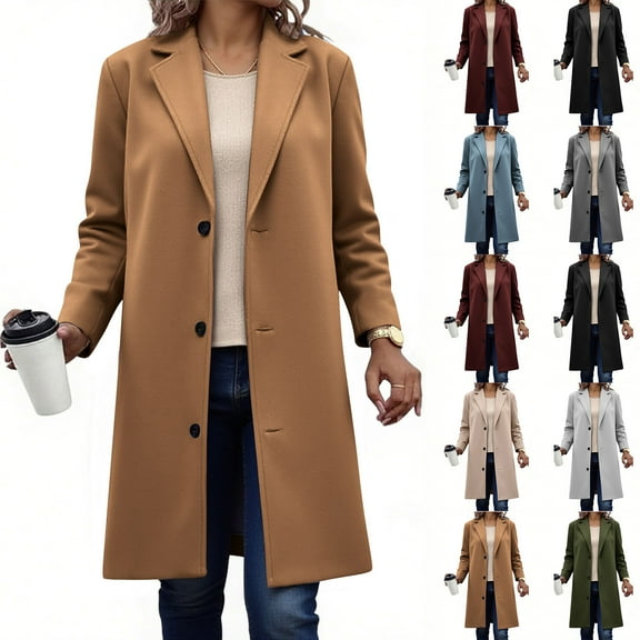 longantii Trench Coat Women - Single Breasted Notched Lapel Collar Pea Coats for Womens Trenddy Casual Fall Winter Jackets Coffee L