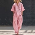 thumbnail image 1 of longantii Two Piece Outfits for Women Ruffle Design Sleeveless V-Neck Tees Trendy Flowy Wide Leg Drawstring Trousers Modern Fit Sweatsuits with Multi-Pocket Pink XL, 1 of 4