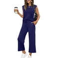 thumbnail image 1 of longantii Two Piece Sets Womens Tops Pants Spring Lounge Suit Wide Leg Drawstring Trousers Short Sleeve Shirts Beach Vacation Casual Outfits Navy XXL, 1 of 6