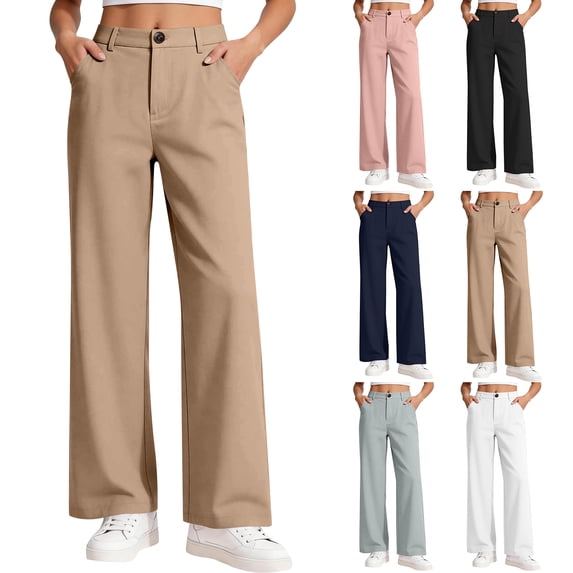 longantii Uniform Pants for Girls Casual Baggy Wide Leg Dress Pant with Pockets Back to School Outfit Size 6-14 Years