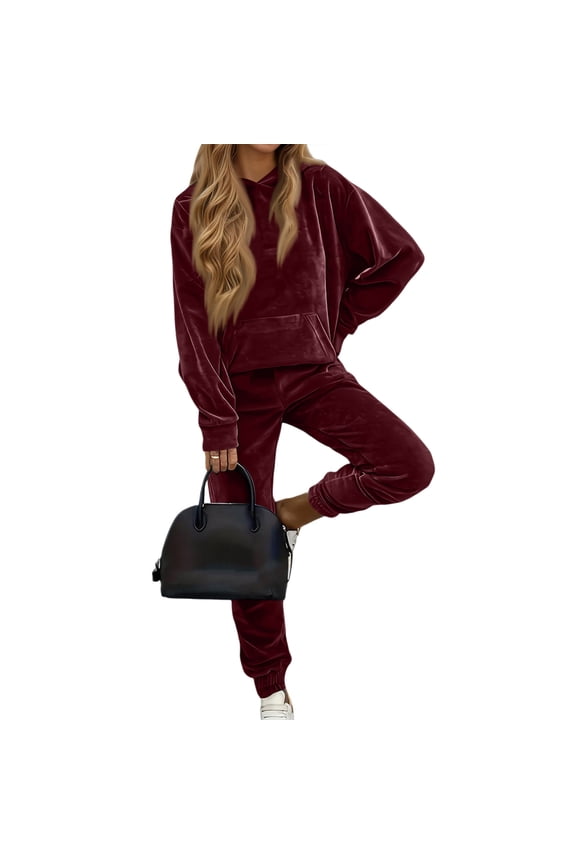 Velour Lounge Sets for Women 2 Piece Velvet Tracksuits Jogging Hoodie Sweatsuits Soft Sports Leisure Jogger Outfit Wine S