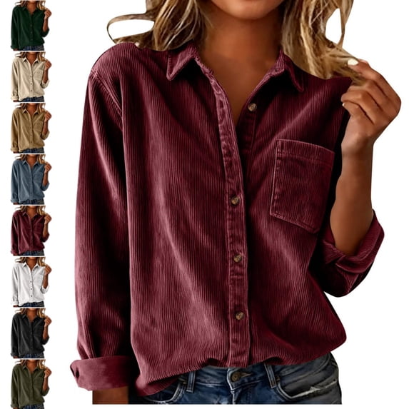 longantii Vintage Corduroy Shirt for Women Button Down Collared Long Sleeve Chest Pocket Relaxed Fit Casual Fall Winter Daily Wear Tops