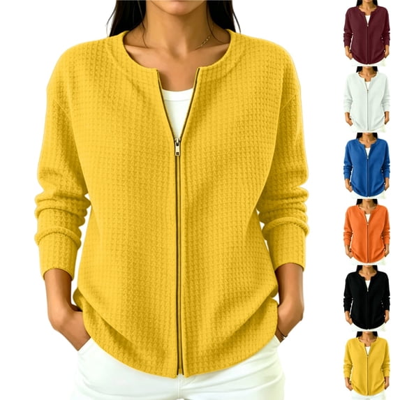 longantii Waffle Knit Tops For Women Zip Up Cardigan Sweaters Long Sleeve Y2K Cute Sweatshirt Fashion Coat Womens Fall Outfits