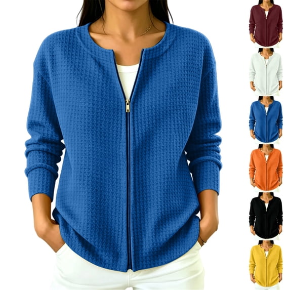 longantii Waffle Knit Tops For Women Zip Up Cardigan Sweaters Long Sleeve Y2K Cute Sweatshirt Fashion Coat Womens Fall Outfits