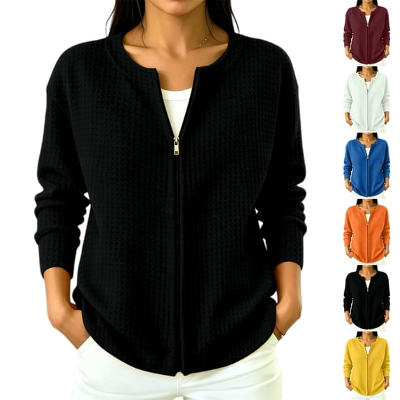 longantii Waffle Knit Zip Up Cardigan for Women Long Sleeve Full Zip Crew Neck Jacket With Side Pockets Lightweight Casual Fall Outerwear Coat