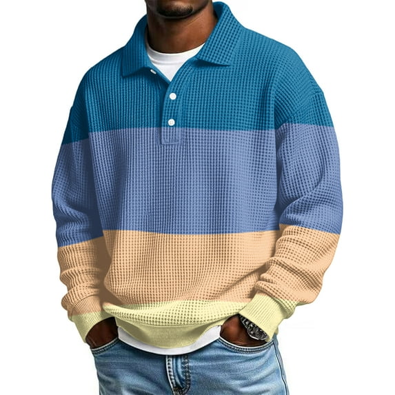 longantii Waffle Long Sleeve Polo Shirts for Men Big and Tall Golf Shirt Casual Collared Heavyweight T Shirts Textured Knit Tops Sky Blue XXXL
