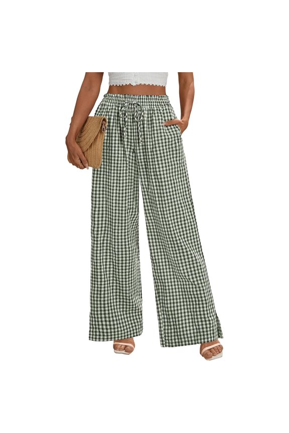 Wide Leg Pants for Women Cozy High-Waisted Drawsring Gingham Pants Y2k Lounge Palazzo Plaid Trousers with Pockets Green M