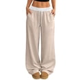 thumbnail image 1 of longantii Wide Leg Sweatpants Women High Waisted Baggy Pants Drawstring Elastic Waist Athletic Joggers Baggy Sweatpant with Pockets Khaki L, 1 of 5