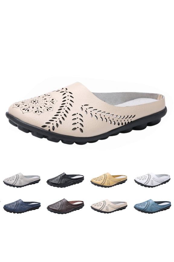 Women All-Match Hollow Breathable Flats Summer Slippers,Slip-on Round Toe Non-Slip Softsole Lightweight Comfortable Orthotic Dressy Leather Loafer Beige