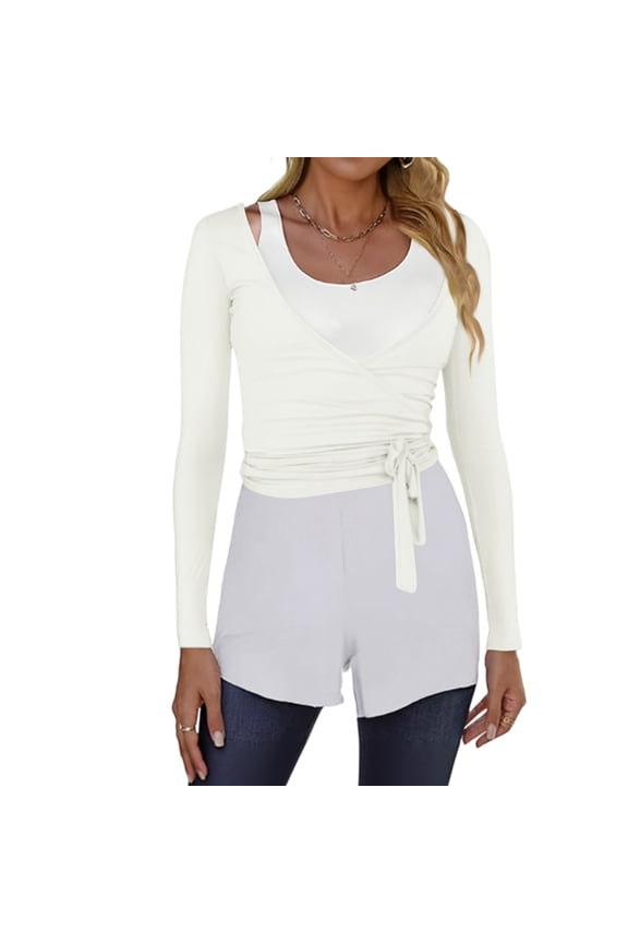 Women Ballet Wrap Top Long Sleeve Self Tie Dance Shirt Pilates Yoga Tops Y2k Workout Active Blouses White S
