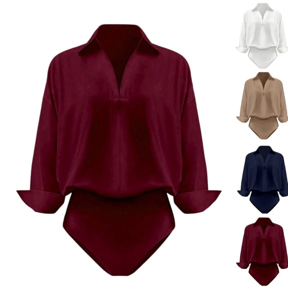 longantii Women Blouse Bodysuit 3/4 Sleeve Collared Shirt Satin Blouse Bodysuits Tops Business Casual Office Professional 2026 Clothes Wine M