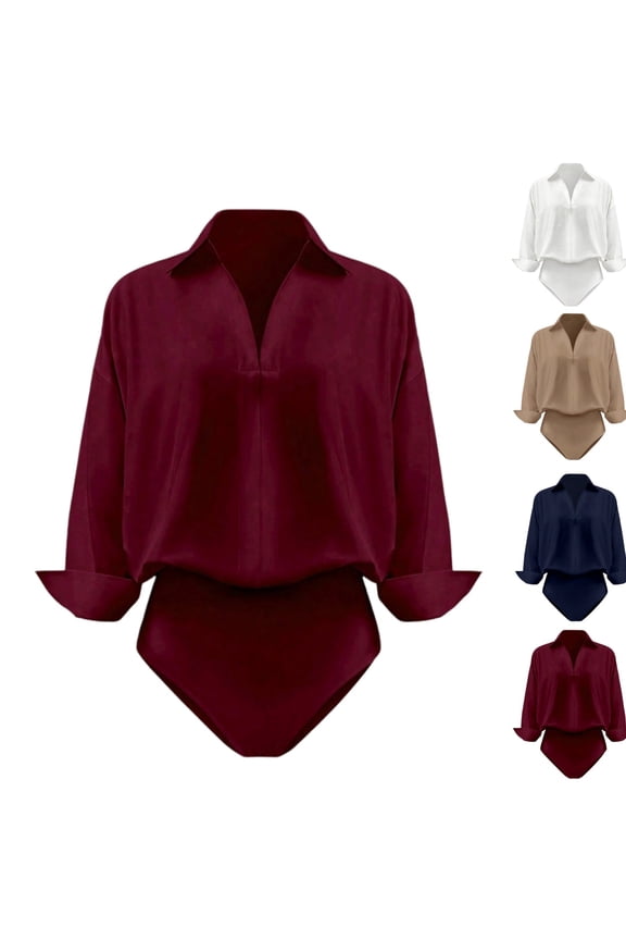 Women Blouse Bodysuit 3/4 Sleeve Collared Shirt Satin Blouse Bodysuits Tops Business Casual Office Professional 2026 Clothes Wine S