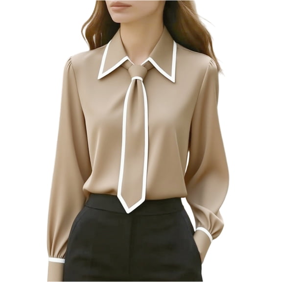 longantii Women Bow Tie Neck Blouse Long Sleeve Shirt Elegant Business Casual Dressy Top for Office Work Khaki L
