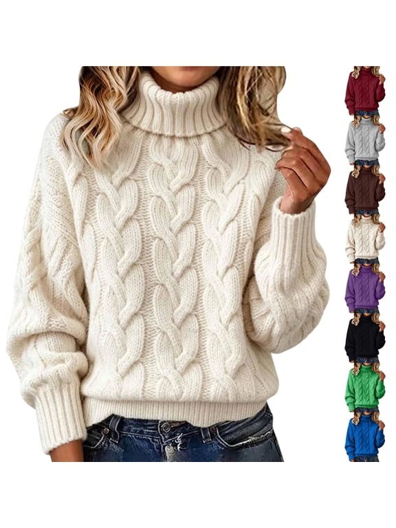 Women Cable Knit Turtleneck Sweater Long Sleeve Chunky Knit Loose Fit Fall Winter Casual Pullover Tops