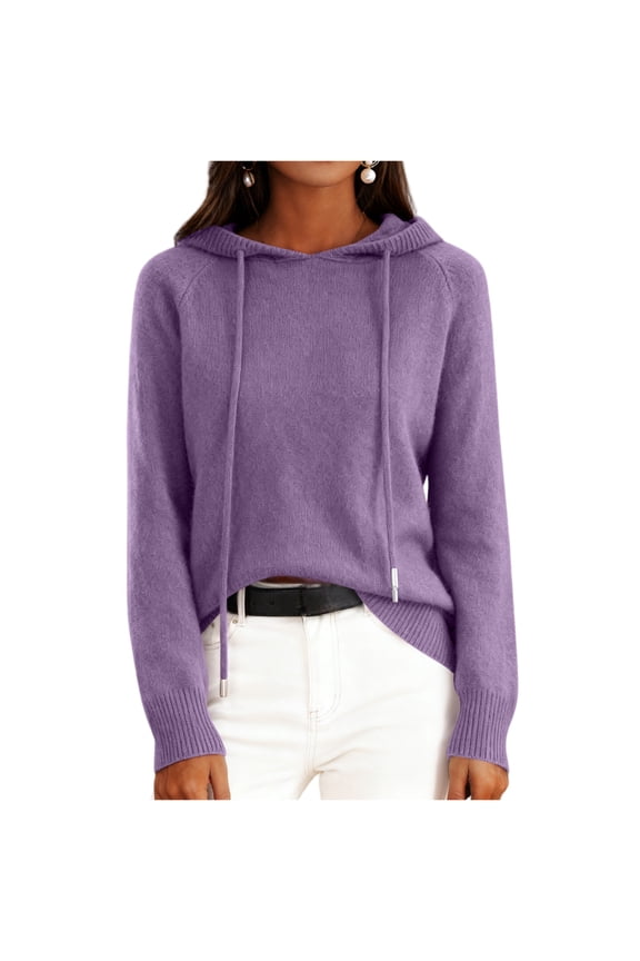 Women Fleece Sweater 2026 Fitted Cozy Knitted Hoodie Sweater Loose Drawstring Pullovers Solid Soft Streetwear Clothes Purple XXL
