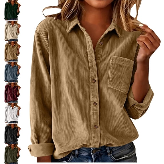 longantii Women Corduroy Button Down Shirt Collared Long Sleeve Chest Pocket Vintage Casual Corduroy Tops Relaxed Fit Fall Winter Daily Shirts