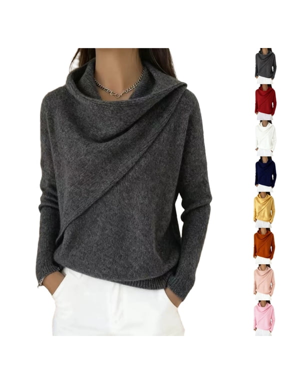 Women Cowl Neck Wrap Knit Sweater Long Sleeve Loose Draped Front Casual Fall Pullover Cozy Relaxed Fit Winter Knit Top