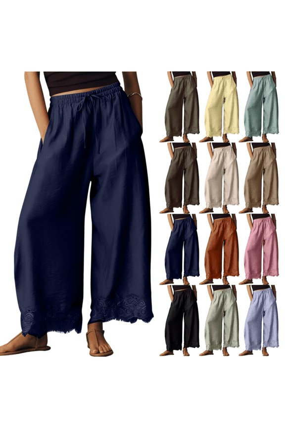 Women Cropped Lace Hem Pants Summer Wide Leg Pants Casual Loose Drawstring Waist Lightweight Trousers with Pockets Camel L