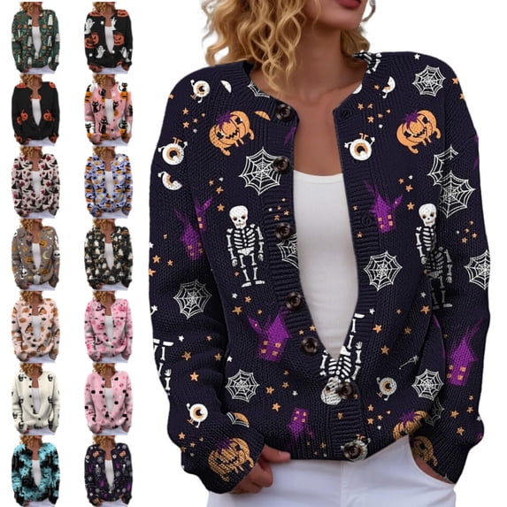 longantii Women Halloween Print Knit Cardigan Long Sleeve Button Down Lightweight Ghost Pumpkin Pattern Casual Fall Outerwear