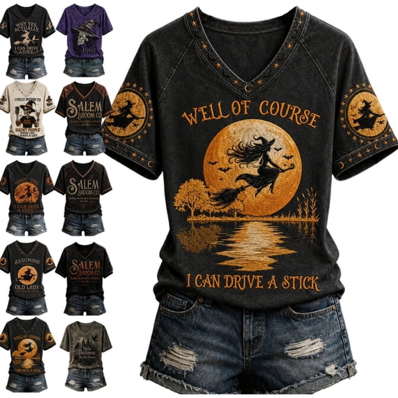 longantii Women Halloween Witch Tee Vintage Graphic Short Sleeve T Shirt Why Yes Actually I Can Drive A Stick Print V Neck Casual Fall Halloween Party Holiday Top