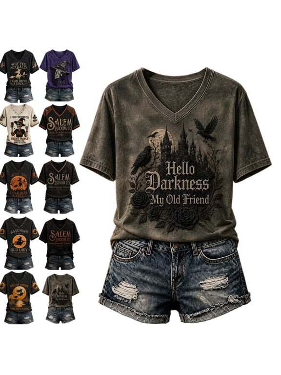 Women Halloween Witch Tee Vintage Graphic Short Sleeve T Shirt Why Yes Actually I Can Drive A Stick Print V Neck Raglan Sleeve Casual Fall Holiday Top