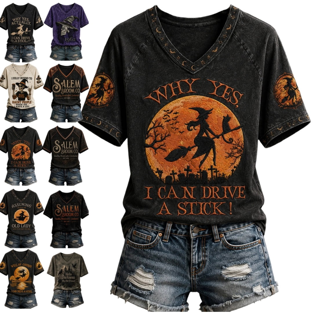 Women Halloween Witch Tee Vintage Graphic Short Sleeve T Shirt Why Yes Actually I Can Drive A Stick Witch Print V Neck Casual Fall Holiday Top