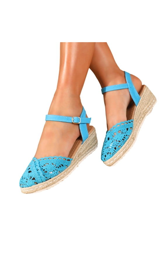 Women Lace Espadrilles Sandals Low Wedge Heels Adjust Ankle Straps Sandal Hollow Round Toe Summer Slip on Dressy Vintage Comfortable Fashion Walking Breathable Beach Vacation Shoes