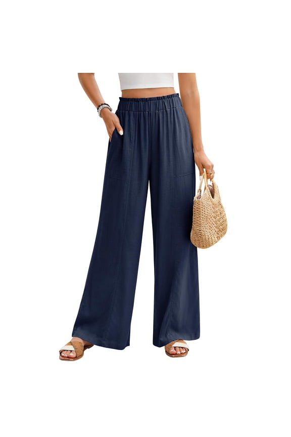 Women Linen Pants Summer Wide Leg Pants Boho Elastic Waist Wide Leg Pant Travel Flowy Vacation Beach Pant with Pockets Navy XXL