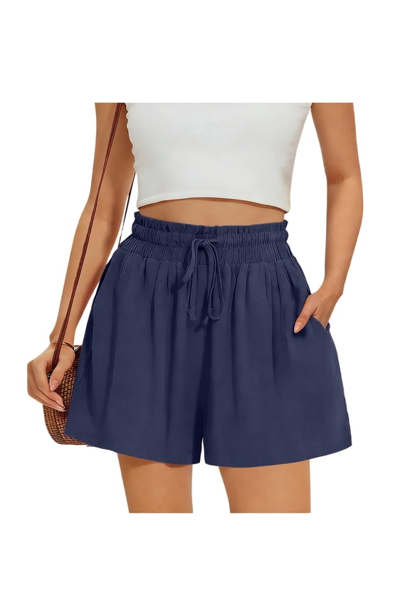Women Linen Shorts Summer Wide Leg Bermuda Shorts Boho Beach Flowy Short with Pockets Drawstring Lounge Short Navy XXL