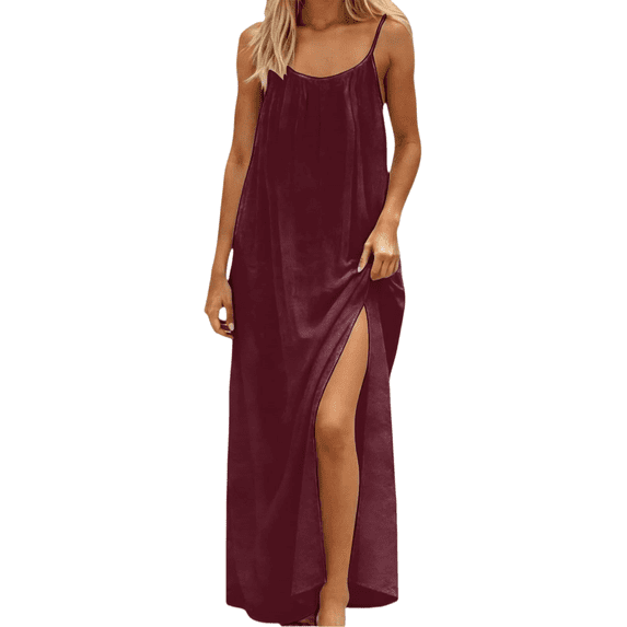 longantii Women Maxi Dress Casual Sleeveless Backless Cami Dress Spaghetti Strap Summer Beach Vacation Loose Flowy Long Sundress Wine S