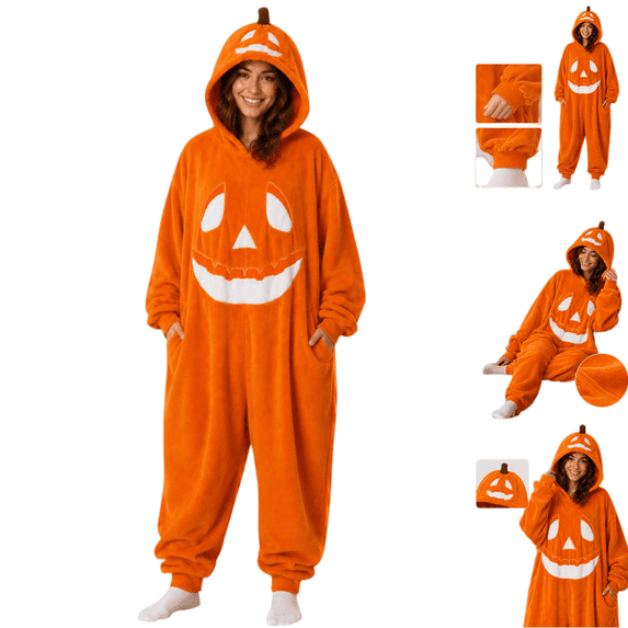 longantii Women Men Halloween Pumpkin Hooded Onesie, Soft Plush Flannel Full‑Body Loungewear, Pumpkin Lantern Themed Long Sleeve Sleep Costume