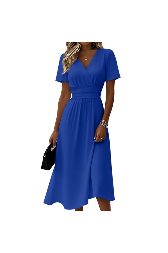 Women Midi Dresses Comfy V-Neck A-Line Sundress Slim Fit Short Sleeve Summer Dress Solid Color Office High Waist Tunic Dresses Blue XL