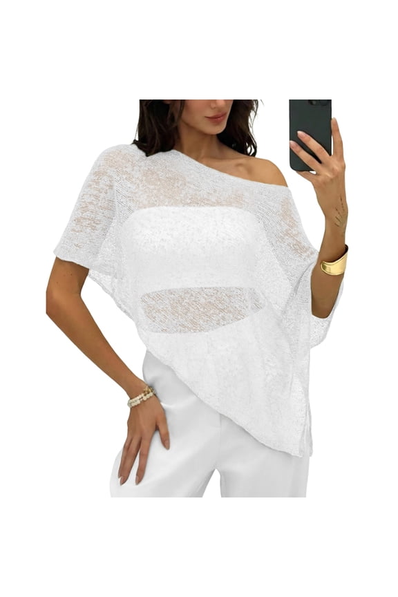 Women Sheer Poncho Top Lightweight Beach Cover Up Summer Knit Mesh Shawl White XL