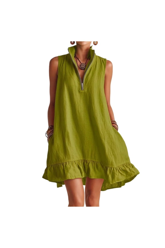 Women Summer Dress Notched V Neck Front Zip Up Swimsuit Cover Up Shirt Sleeveless Ruffle Hem Beach Vacation Mini Sun Dress Green M